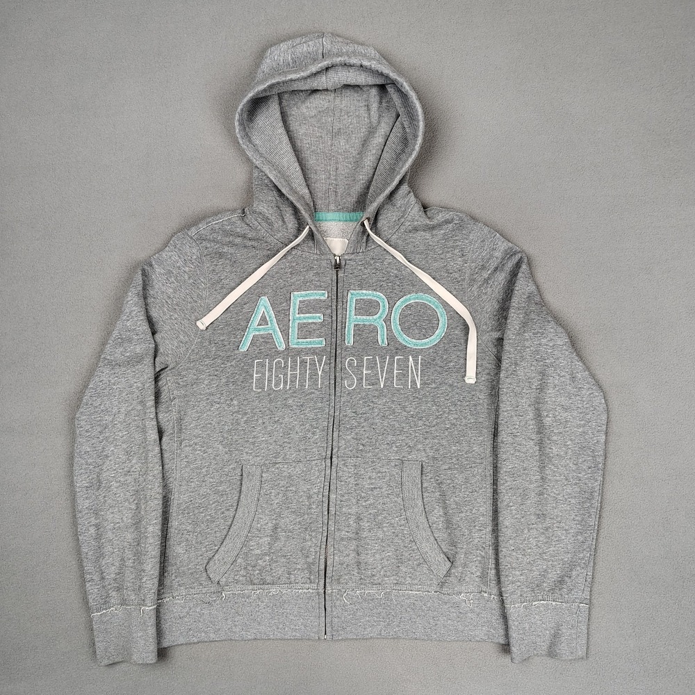 Y2K Aeropostale Full Zip Hoodie Womens Size XL Gray Blue Embroidered Logo‎ EC